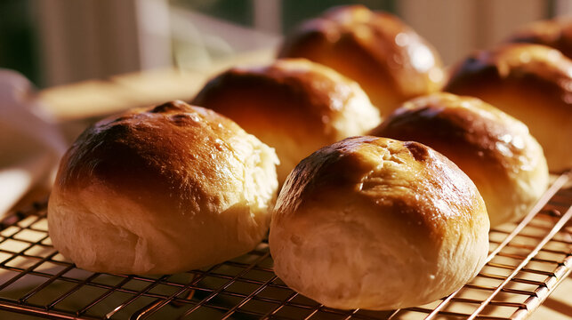 Freshly baked golden brown dinner rolls resting on a cooling rack in warm morning light, showing homemade bread and bakery goods