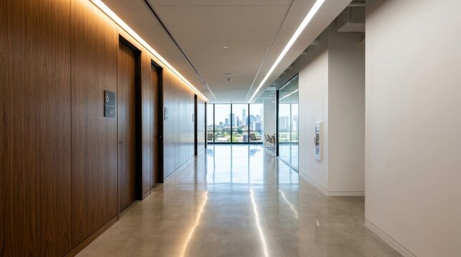 Modern corporate office hallway interior with wooden wall panels and polished concrete floor business interior office building hallway design interior architecture wood finish