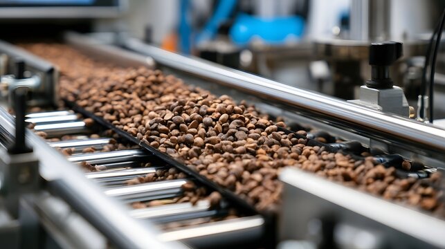 Roasted coffee beans move along a metal conveyor belt in an industrial processing facility with blurred hinery in background