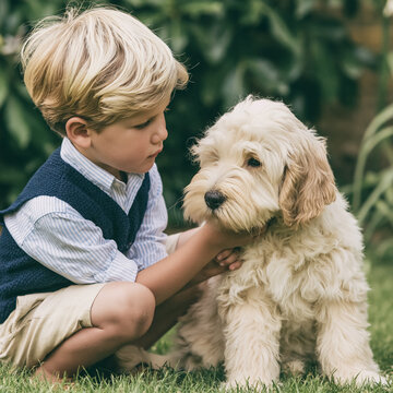 Young boy affectionately petting a fluffy puppy in a garden, bonding and experiencing a happy childhood moment with his pet outdoors