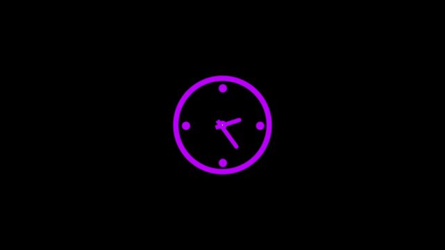 Animated clock face growing in neon purple against black background representing time passing