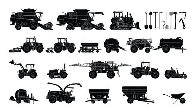 Agricultural Machinery and Farm Equipment Silhouette Icon Set Featuring Tractors Combine Harvesters Sprayers Trailers and Gardening Tools for Farming Graphic Designs