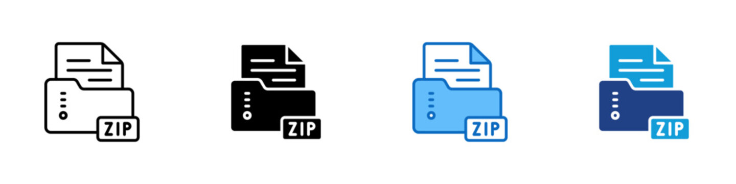 Zip File Multiple Style Icon Design Vector - Document folder with ZIP tag representing file compression, data archiving, and file management