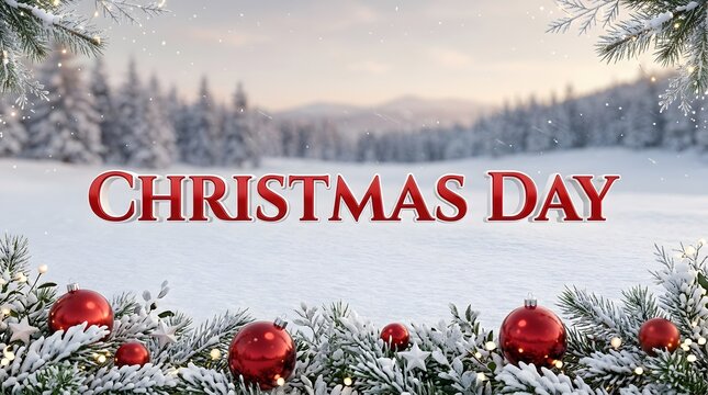 Christmas day text over winter landscape with snow and red ornaments