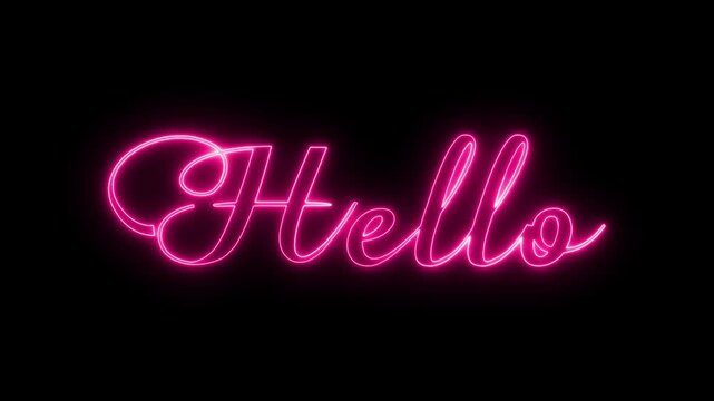 Neon hello sign glowing pink in dark for greeting, welcome, or introduction display