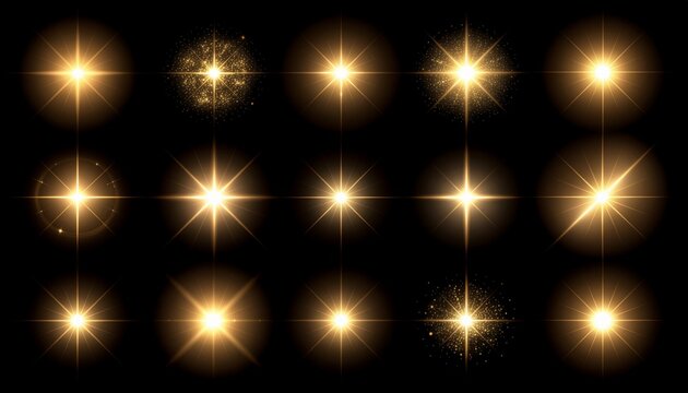 黒背景に整列する光る星とキラキラの光彩アイコンのイラストセット
