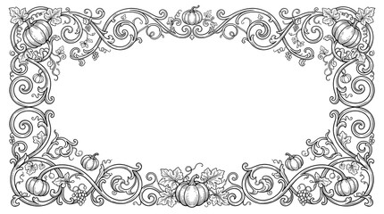 Obraz premium A beautiful vintage floral thanksgiving banner featuring intricate black and white line art decorative frame design perfect for seasonal holiday invitations and festive greeting card