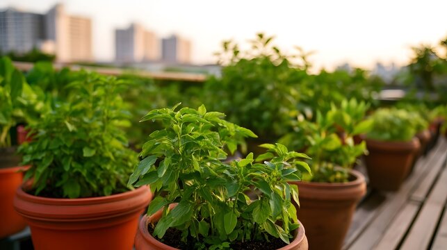 Rows of potted green plants on a rooftop garden with blurred city buildings in the background under soft daylight