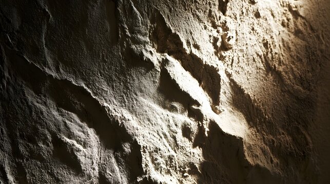 Warm light highlights textured stone wall with natural cracks and rough surface details creating an organic architectural background