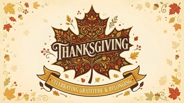 A beautiful thanksgiving banner featuring a large ornate maple leaf with decorative typography and autumn foliage elements perfect for seasonal holiday greeting cards and web