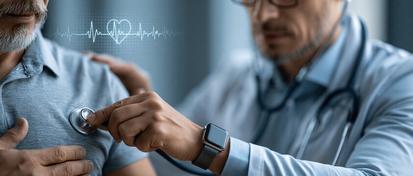 A wide-angle panoramic close-up photograph ofa smartwatch examining a senior male patient's heart and lungs using a stethoscope, with glowing digital ECG heartbeat graphics subtely displayed in the ba