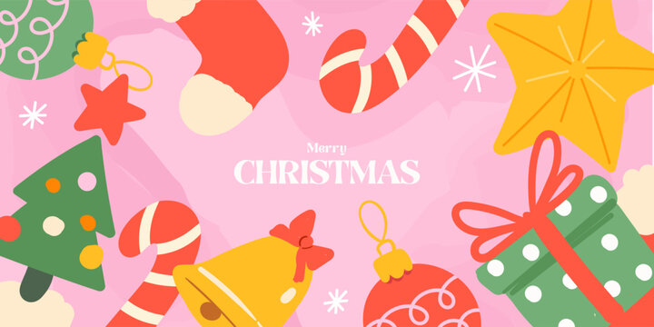 A playful Christmas card featuring a pattern of Christmas trees, stars, ornaments, snowflakes, candy canes, and gifts. A cheerful, festive design suitable for cards, posters, social media, print, ads