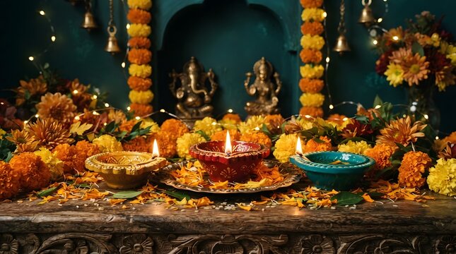 Diwali festival home altar setup with lit oil lamps, marigold flowers, and brass idols of ganesha and lakshmi on a wooden table