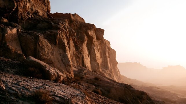 A towering sandstone cliff bathed in warm morning light  with soft haze and rugged textures creating a serene desert landscape