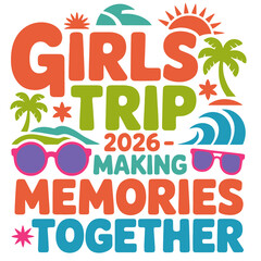 Fototapeta premium Colorful girls trip design with palm trees sunglasses and a sunset vibe