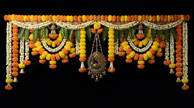 Traditional indian door hanging toran made of marigold flowers, jasmine, mango leaves, and a central peacock ornament, isolated on black background