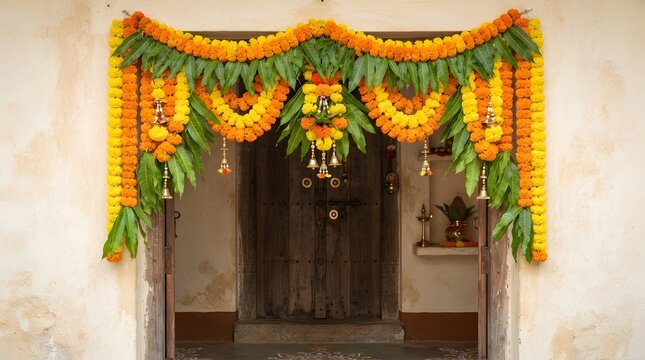 Traditional indian doorway decorated with marigold flower garlands and mango leaves for a festive celebration like diwali or a housewarming ceremony