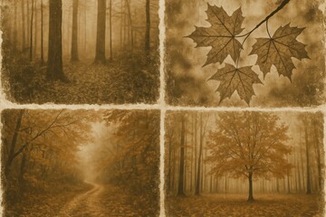 Fototapeta premium Vintage sepia autumn forest collage.