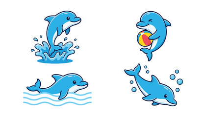 Naklejka premium Cute Blue Dolphin Cartoon Character Set with Illustrations of Jumping in Splash Swimming in Waves and Playing Ball for Marine Animal Graphic Designs