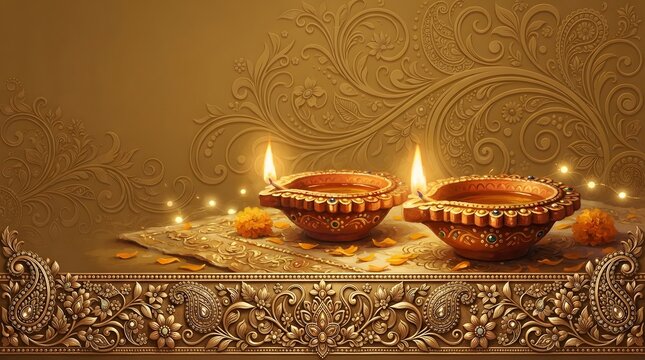 Two glowing traditional oil lamps or diyas placed on a decorative surface with intricate golden floral patterns and soft ambient lighting