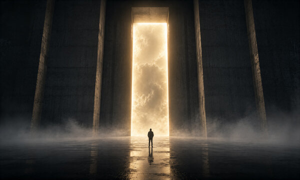 Mysterious Futuristic Portal Gateway with Human Silhouette and Glowing Energy, Sci Fi Dimensional Threshold Opening Into Unknown Universe and Future Reality
