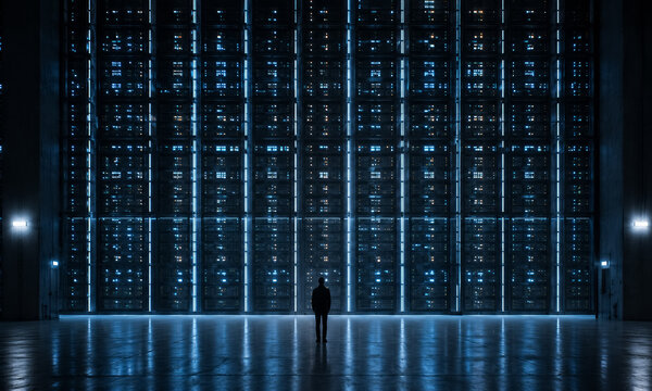 cybersecurity engineer managing enterprise datacenter infrastructure and server network, modern server room with cloud computing systems and digital data storage technology