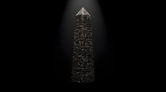 Metaphorical 3D render of a monumental obelisk sculpted from compressed pu-erh tea leaves, standing tall under a dramatic spotlight on a pitch-black background.