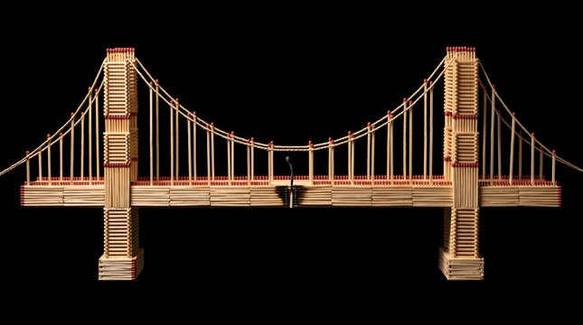 A Detailed Model of a Suspension Bridge Made Entirely of Matchsticks with a Single Charred and Burnt Match in the Center Representing Fragility and Risk against a Black Background