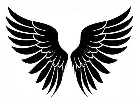 Black wings silhouette vector illustration. Symmetrical angel wings with feather details. Isolated graphic design for tattoo, logo, emblem. Bold minimalist art.
