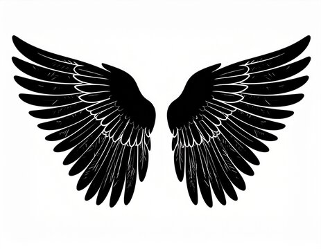 Black wings silhouette vector illustration. Symmetrical angel wings with feather details. Isolated graphic design for tattoo, logo, emblem. Bold minimalist art.
