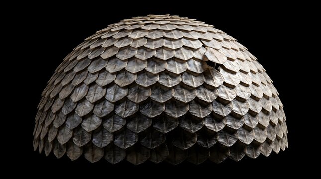 Conceptual Dome-Shaped Armor Featuring Intricate Overlapping Brown and Grey Scales Resembling a Pangolin Shell or Dragon Skin Isolated on a Black Background