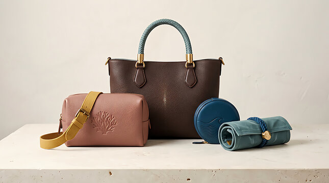 Set of modern fashion handbags and small leather accessories for stylish women