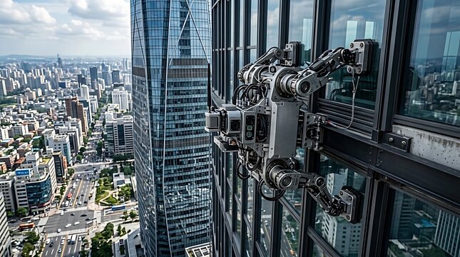 Automatic window cleaning robot working on a high skyscraper building exterior with a city view