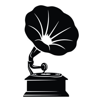 A vintage gramophone with a large horn and circular record is shown as a silhouette