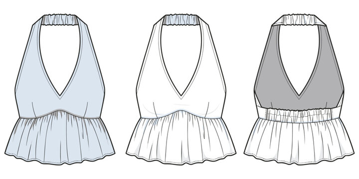 Fashion halter top design, gathered peplum hem, deep V neckline, stylish garment sketch, clothing pattern making, apparel illustration, flat vector illustration