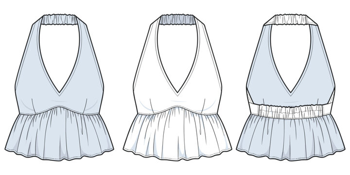 Fashion halter top variations, gathered waistband, deep V neckline, stylish garment sketch, clothing construction details, apparel design drawing, flat vector illustration