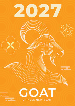 Happy Chinese new year 2027 poster vector set. Year of the Goat zodiac template with horse and Chinese lantern on orange background. Design for card, cover, social media, Happy New Year, ads.