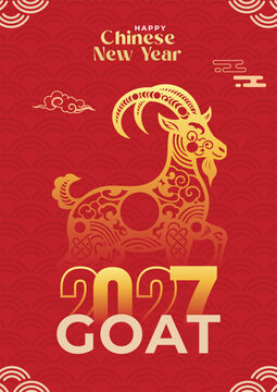 Chinese New Year 2027, Year of the Goat. A set of greeting cards featuring a goat and traditional patterns. Template for festive envelopes. Translation Happy New Year, zodiac sign. Vector
