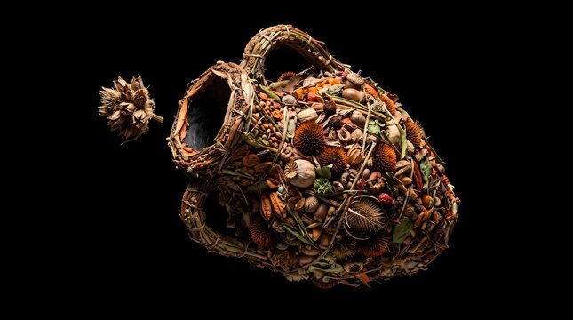 Abstract conceptual amphora sculpture crafted from various dried flowers, seeds, and natural elements floating on a black background, representing nature's bounty and ecological beauty.
