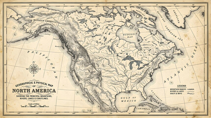 Fototapeta premium Vintage antique physical map of North America showing historical cartography and geography