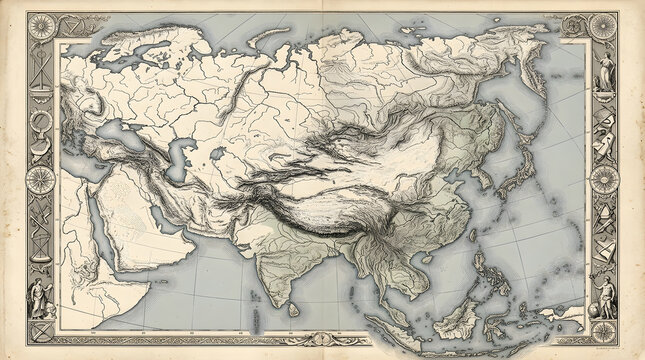 Vintage physical map of Asia with ornate decorative border and antique paper texture.