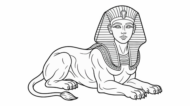 Mythical sphinx creature, ancient Egyptian symbol, lion body with human head, line art illustration on white background