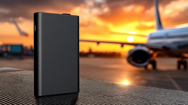 Modern power bank stands on metallic runway with airplane parked in the background and sunset casting warm glow