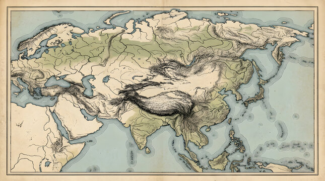 Vintage physical map of Asia showing geographical features and topography in antique style.