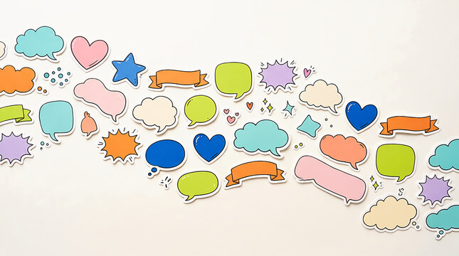 Colorful hand drawn speech bubbles and heart shapes in a messy doodle pattern set