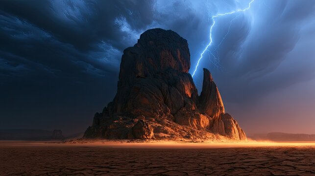 Jagged monolith rises from cracked desert with lightning striking in swirling stormy sky
