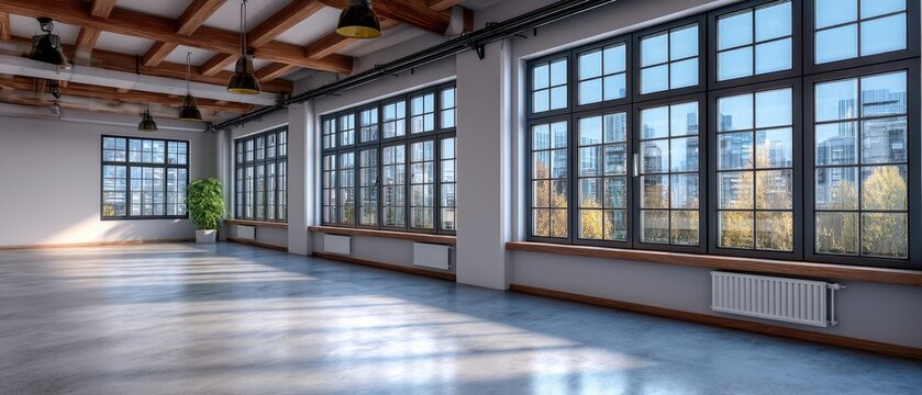 Industrial loft room features polished concrete floor and wooden beams with large windows letting in natural light