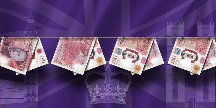 Financial illustration. New plastic banknotes of England, hanging on rope. 50 pound denomination. GB. British landmarks and crown. Notes with shadows. Money laundering. Economy and cash. UK