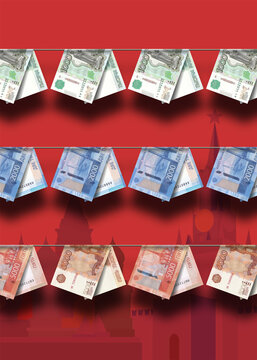 1000, 2000, 5000 rubles banknotes hanging on rope. Economic banner. Russian Federation. Money anti-laundering. Financial illustration. Economy of Russia