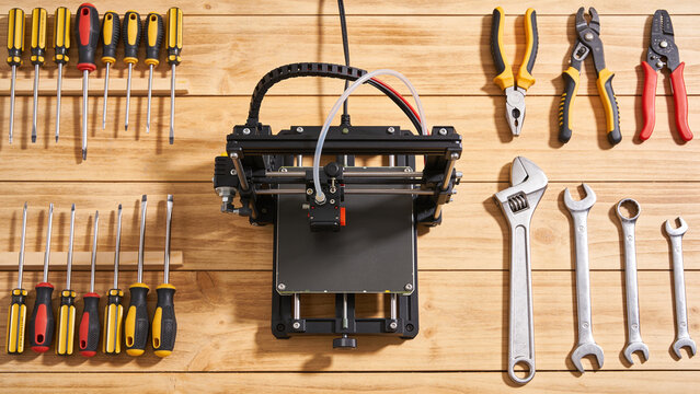 Additive printer with organized tools shot directly from above